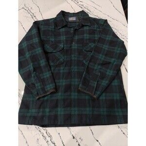 VTG Pendleton Board Shirt Loop Collar Plaid Green Virgin Wool Made In USA Sz L